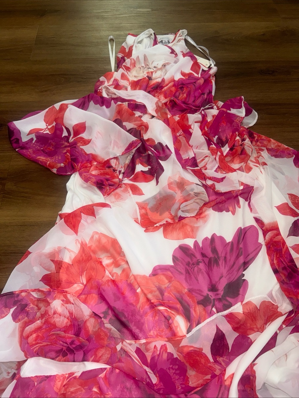 Tahari Pink & Coral Floral Halter Tiered Maxi Dress Size 12 - Picture 4 of 6